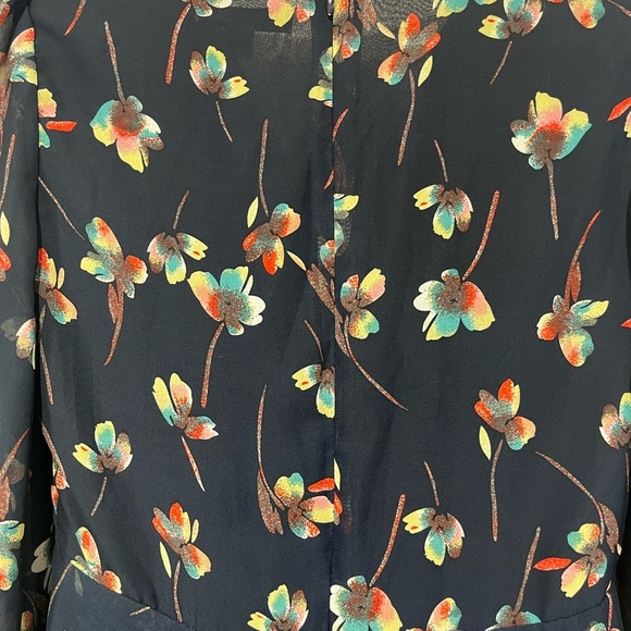 Betsey Johnson Navy Floral Mini Dress Neck Tie Sheer Long Sleeves V Neck Size 6 - Picture 4 of 13